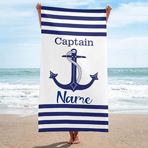 CUXWEOT Custom Microfiber Beach Towel Mat with Name Personalzied Captain Nautical Anchor Quick Dry Absorbent Bath Towels Blanket Tapestry for Travel Swim Yoga Boys Girls Women Men