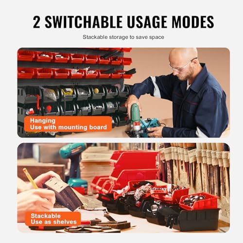 VEVOR Wall Mounted Storage Bins, 48-Bin Parts Rack Organizer Garage Plastic Shop Tool with Wall Panels, Tool Organizer for Nuts, Bolts, Screws, Nails, Beads, Buttons, Other Small Parts, Black and Red - 2