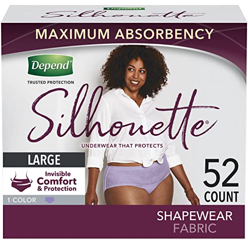 Image of Depend Silhouette Adult Incontinence and Postpartum Underwear for Women, Large (40-52 inch Waist), Maximum Absorbency, Purple, 52 Count (2 Packs of 26)