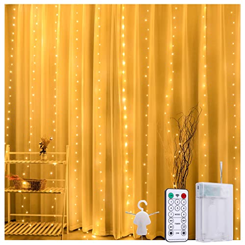 Baytion Curtain String Light 300 LED Lights Window Curtain 3x3Meters Fairy Lights with Remote Control for Christmas Bedroom Party Wedding Decorations(Battery Powered)(Warm White)