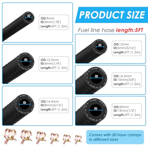 Image of 6Pcs 3 /8 inch 5 /16 inch 1 /4 inch 1 /2 inch 3 /16 inch 1 /8 inch ID NBR Fuel Line Hose Kit, 5FT