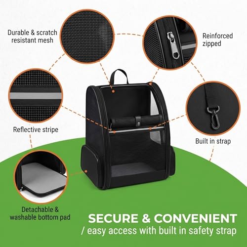 Image of MAK7 Cat Carrier Backpack | Breathable Mesh Design, Lightweight Travel Bag for Small Pets | Wide Strap, Foldable | Cat Bag Dog Carrying Bag | ThickHard Base |Pure Black|