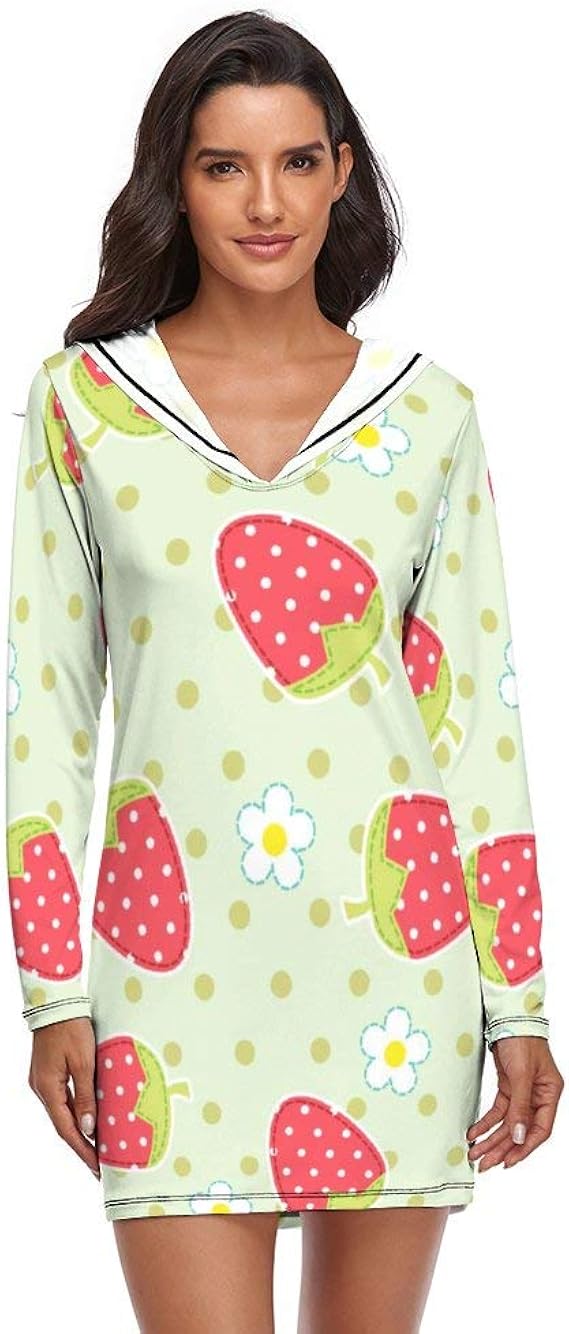 Amazon ルームウェア 果物 苺 イチゴ柄 ハット柄 ワンピース パジャマ レディース シャツ ナイトウェア ネグリジェ 長袖 寝巻き ルームワンピース ホームウェア バスローブ フード付き カジュアル Tシャツワンピース かわいい 肌に優しい 部屋着 ルームワンピース