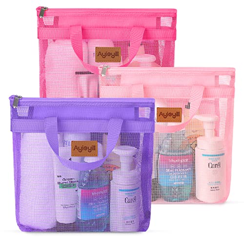3 Pcs Portable Mesh Shower Caddy Tote, Quick Dry Tote Bag Mesh Beach Bags for Women, Hanging Toiletry and Bath Organizer for Travel Swimming Sports Gym Camp Shopping College Dorms (Pink Purple Rose)