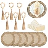 Gejoy Round Burlap Placemats Wood Bead Napkin Rings with Dinner Napkins Cloth, Jute Heat Resistant Placemats Boho Wooden Rings for Plates Wedding Dining Table(18 Pcs)