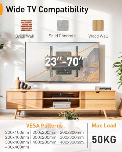 Perlegear TV Wandhalterung für 23-70 Zoll TVs bis 50 kg, Höhenverstellbare Wandhalterung Fernseher mit Schnelle Neigungsverstellung, Fernseher Halterung 55 Zoll Schwenkbar, Max VESA 400x400 mm – Bild 3