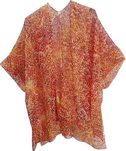 Elu ♥ Women's Beach Cover up Swimsuit Kimono Cardigan Casual Tops with Bohemian Floral Print, Chiffon Orange Abstract, One Size