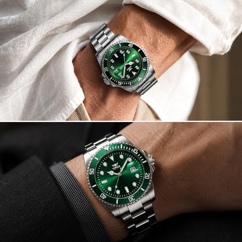 Image of Men's Analog Watch with Green Dial, Rotating Bezel, Stainless Steel Strap, Date Display & Quartz Movement