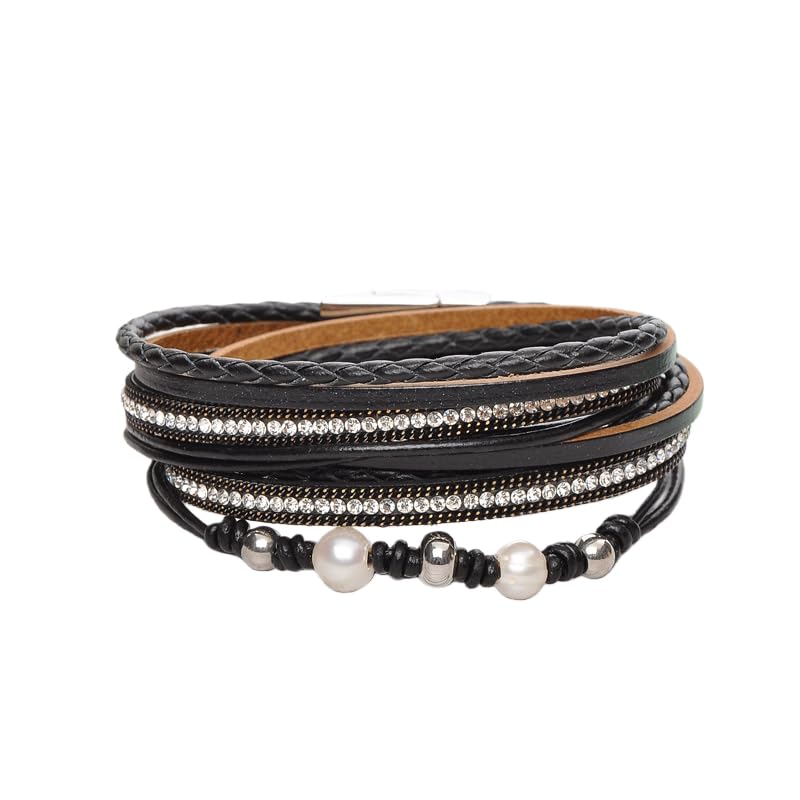HUIANGLIYG Bracelet En Cuir Pour Femme, Perles D'Eau Douce, Empilable, Avec Strass, Fait Main, Style Bohème, Cadeau Pour Femme, Noir, 19,5 Cm