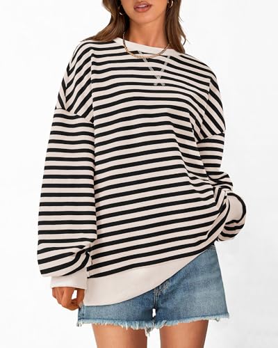 BTFBM Sweatshirt For Women 2026 Fall Crewneck Long Sleeve Oversized Striped Pullover Tops Y2K Clothes Workout Shirt(Beige Black, Medium) — view 3