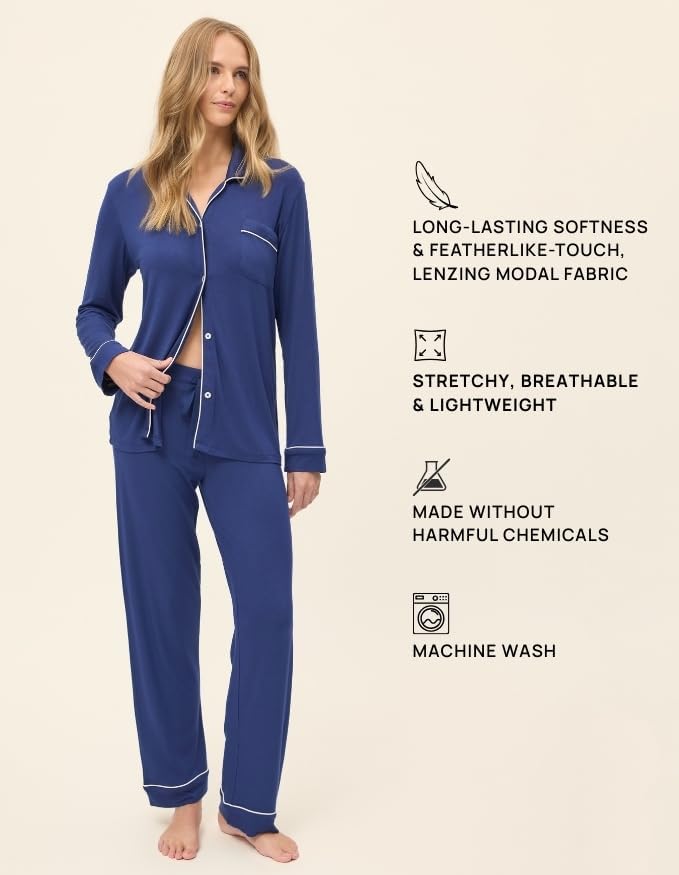 Papinelle Women’s Kate Modal Full Length PJ Set - TENCEL™ Modal by Lenzing™, Soft Breathable Button-Up Top & Drawstring Pants - Image 6