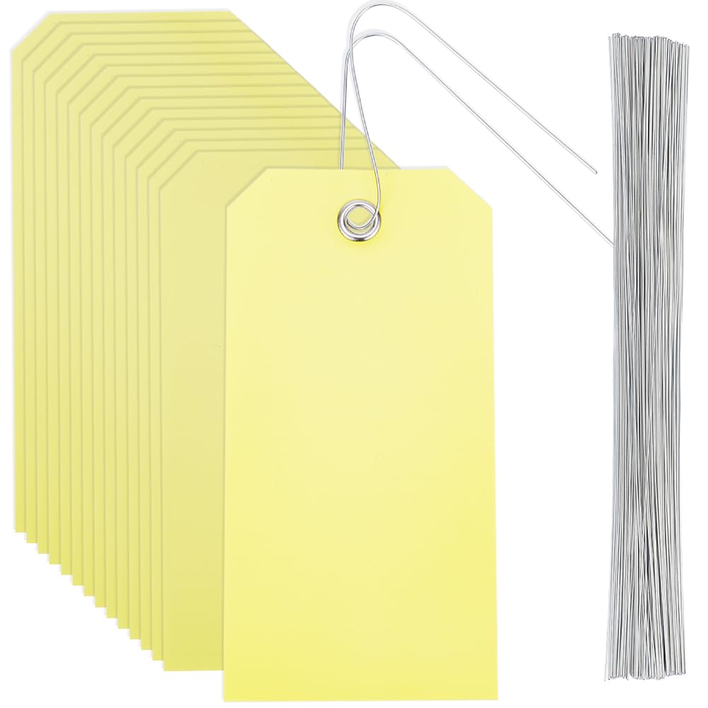 100 pz Etichette di Spedizione Gialle Etichette di Plastica Vuote Impermeabili Da 4.7 x 2.4 pollici Rettangolo con Occhiello In PVC In Filo di Ferro Kit di Etichettatura Identificativa con No