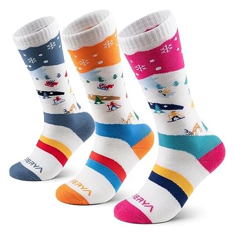 WEIERYA Kids Ski Socks Merino Wool, Kids Wool Socks, Knee-high Snow Socks for Boys Girls, Winter socks, Cool Blue Rose Red Orange XS 3 Pairs Cover