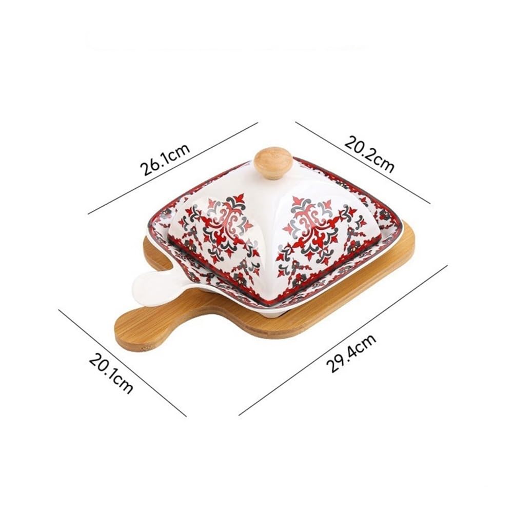 Naczynie do pieczenia Talerz do zapiekania ryżu, kuchenka mikrofalowa z pokrywką, ceramiczna forma do pieczenia, naczynie na ser i masło, talerze komercyjne(Red)