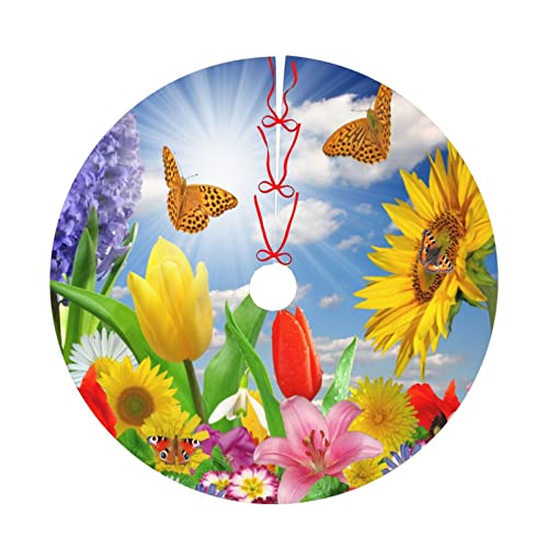 Butterflies Christmas Tree Skirt for Xmas Holiday Party Supplies Large Tree Mat Decor, Spring Summer Butterfly Sunflower Tulip Flowers Ornaments 30
