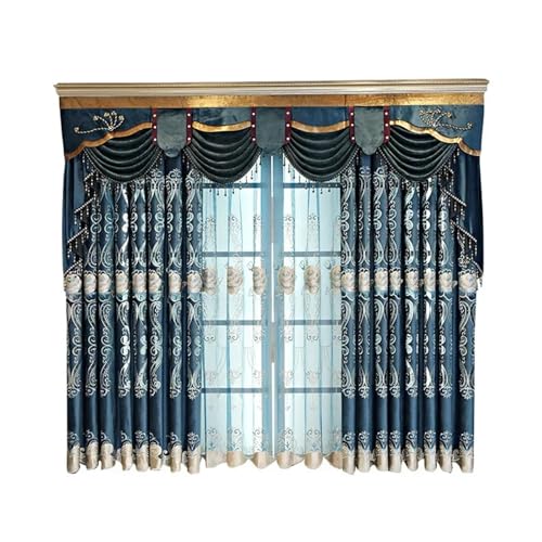Fenêtre occultante avec rideau en chenille bleu brodé salon