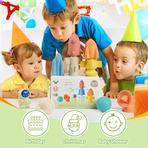 Image of AMCHSURI Mold-Free & No Holes Bath Toys 9 Pack | Safe Astronaut & Rocket Ship Toys for Babies 6-12M & Toddlers 1-3Y | Bathtub Pool Float Toys for Boys Girls