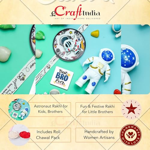 Image of eCraftIndia Astronaut Rakhi for Kids with Best Bro Ever Fridge Magnet | Kids Rakhi for Brother Bhaiya Bhai | Astronaut Gift | Roli Chawal Pack