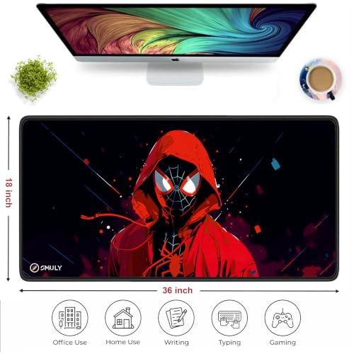 Image of Gaming Mouse Pad, Large Desk Mat 18 x 36 inch, Extended Washable Mousepad, Desk Pad, 3mm Thick Non-Slip Rubber Base, Stitched Edges, Smooth Surface (Multicolour) - Red Hoodie Spider Design