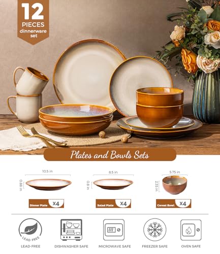 Image of LERATIO Ceramic Dinnerware Sets for 4, Coupe Plates and Bowls Sets,Highly Chip and Crack Resistant | Dishwasher & Microwave & Oven Safe Dishes set,Reactive Glaze Dinnerware- Service for 4(12pcs)