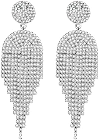Uacife Silver Elegant Rhinestone Crystal drop Chandelier Long tassel Dangle earrings for Women Girls Bridal Dangling Earring (B-silver-Tassel Crystal Earrings)