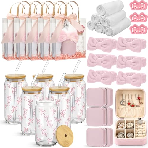 LemonRoad 6 Pack Wedding Favors for Guests Sets with Glass Cup, Jewelry Box, Hair Claw, Hair Band, Towel, Card and Gift Bag for Bridal Shower, Baby Shower Guest Party Favors Gifts (Pink)