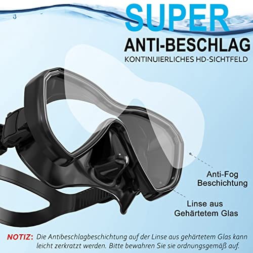 Foto von Dorlle Schnorchelset, Neu Verbesserte Panorama Schnorchelmaske, wasserdichte Tauchmaske Anti-Fog Anti-Leck aus Gehärtetem Glas, mit 3-Kanal Premium Dry Schnorchel für Erwachsene, Schwarz