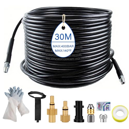 30m Universal Rohrreinigungsschlauch Set, 5800 PSI/400 bar,Rohrreiniger Premium Set mit Adapter und Düsen&Handschuhe,kompatibel mit Kärcher k2-k7, Lavor, Bosch Hochdruckreiniger