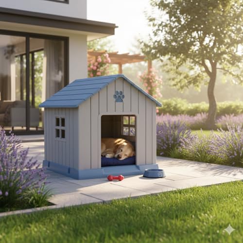 Image of Vizamoplast Paw Villa Medium Dog House | Premium PP Plastic Dog Kennel for Indoor & Outdoor Use | Weatherproof, UV Resistant, Water & Mildew Proof | Easy DIY Assembly | Ventilated | Easy Clean