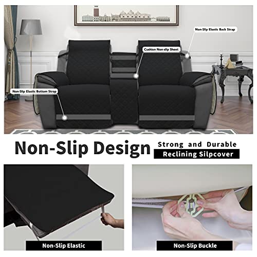 Image of Easy-Going Loveseat Recliner Cover with Console, Reversible Couch Cover for Living Room, Split Sofa Cover for Each Seat with Elastic Straps for Kids, Dogs, Pets(2 Seater, Black /Beige)