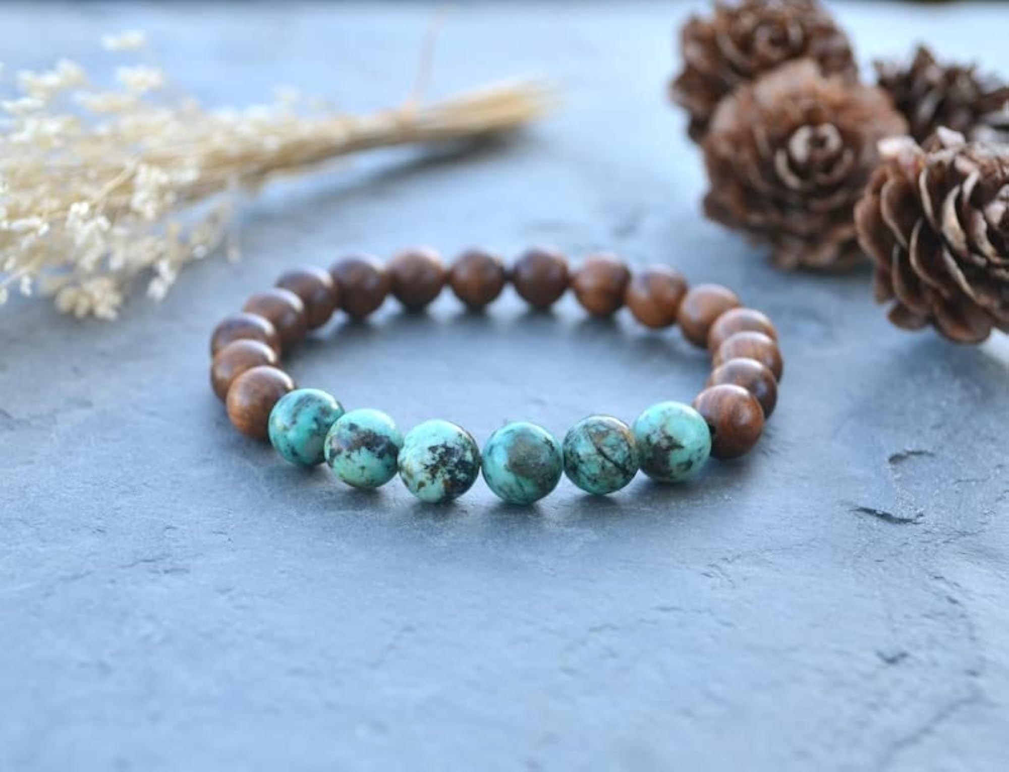 Unisex Natural African Turquoise & Wood Beads Gemstone Stretch Bracelet