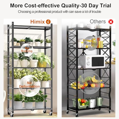 Image of Himix 5-Tier Foldable Storage Shelves with 20 Hooks Wheels Grey Display | Folding shelving units, Metal collapsible organization, Wire shelf, No assembly, Bookshelf, Kitchen, Home rack, Holds 440 Ibs