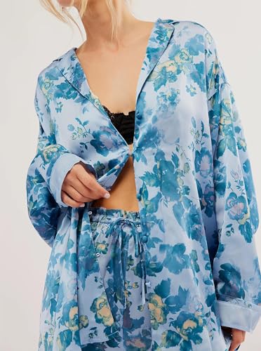 Image of LILTWIST Silk Satin Pajamas Set for Women 2 Piece Floral Pjs Wide Leg Lounge Pants Set Long Sleeve Button down Pj Shirts Set