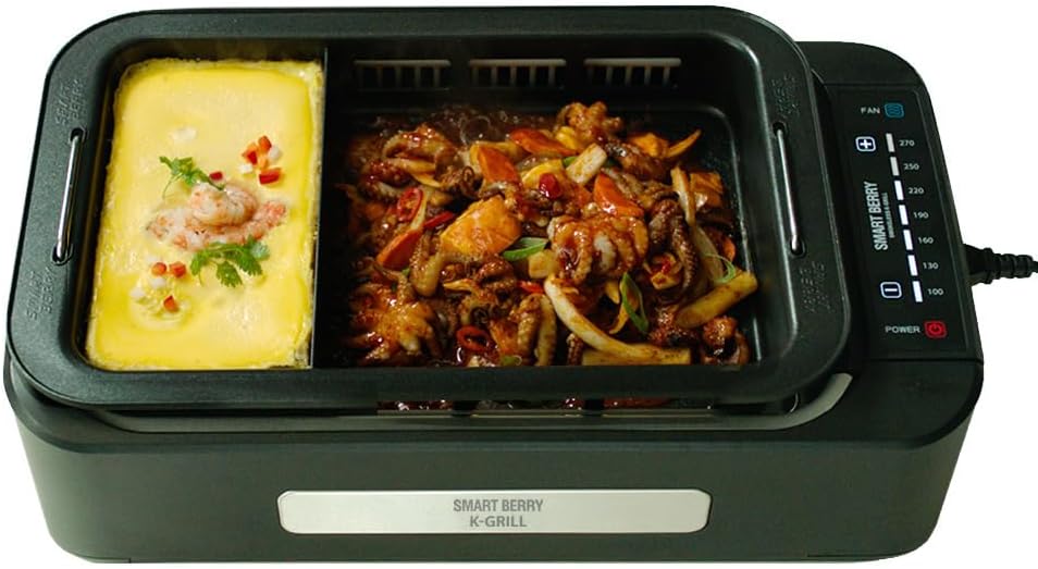 SMART BERRY 3 in 1 Smokeless Electric Indoor Grill, Nonstick Grill/Griddle Plates, Jjamjjapan, Glass Lid, Portable Korean BBQ Grill with 7-Level Control (Jjamjjapan set Black)