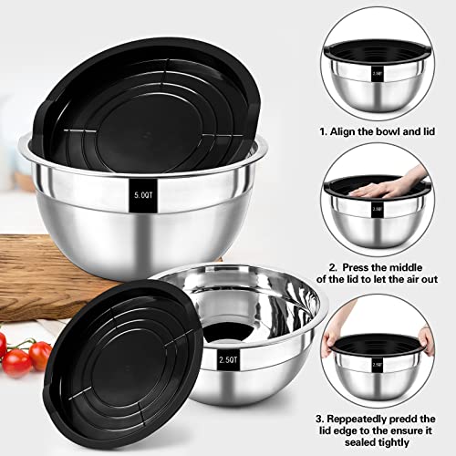 Foto von Wildone Rührschüssel Set, Edelstahl Schüssel 7er set mit luftdichten Deckeln, Stapelbar, Spülmaschinenfest, Größe 5, 3.5, 2.5, 2, 1,5, 1, 0,67 QT, ideal zum Mischen und Servieren