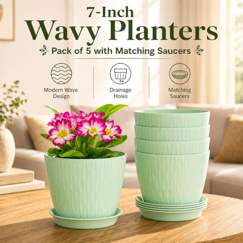 Image of SWAPKART (Pack of 5 6 Inch Plastic Flower Pots for Indoor & Outdoor Terrace,Garden Plants Decorative Planters with Drainage Holes & Matching Saucers Durable & Lightweight (Green)