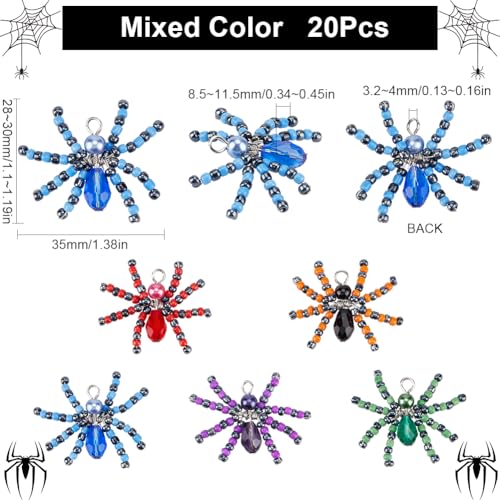 SUNNYCLUE 1 Box 20Pcs Spider Charms Colorful Halloween Glass Charm Bulk Assorted Red Green Blue Crystal Animal Spiders Gemstone Beaded Seed Beads Charm for jewellery Making Charms Supplies DIY Crafts - Image 2