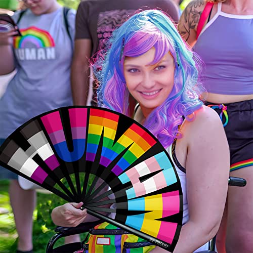 Image of bmuvghi Rainbow Folding Fan Pride Hand Held Fan Gay Pride Stuff Large Clack Hand Fan Foldable Rave Fan for LGBTQIA+ Pride Parade Pride Accessories Stuff