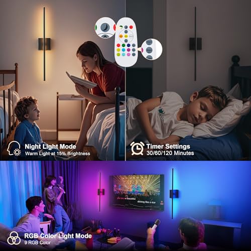 Image of KARTOOSH 32.2 Inch Battery Operated Wall Sconces Wireless Set of 2, Black | RGB Wall Lamps, 3 Color Temps, Remote Control, Dimmable Rotatable, LED Wall Lights for Living Room Bedroom
