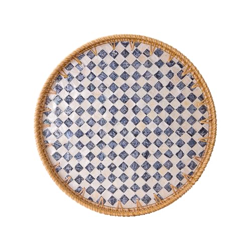 Round Rattan Tray with Mother of Pearl Inlay, Rattan...