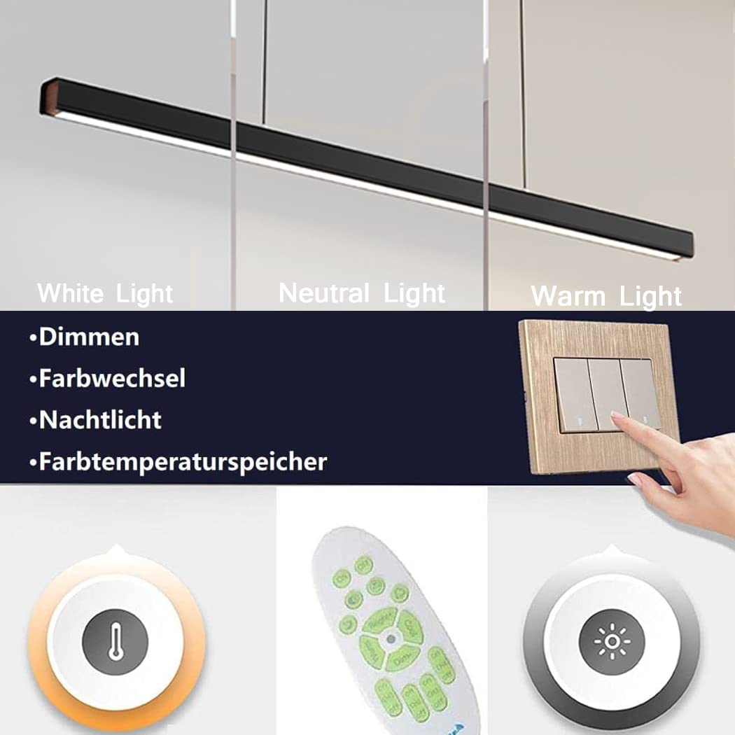 Hängelampe Büro LED Schwarz Pendelleuchte Küchenlampe Hängeleuchte Höhenverstellbar Esszimmerlampe Modern Linie Designer Dimmbar Hängend Lampe für Esstisch Bar Arbeitszimmer Kronleuchter (L150cm)