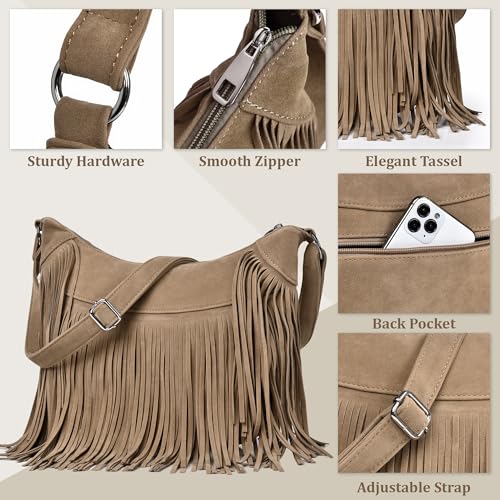 Image of Fringe Hobo Bags for Women Vintage Suede Crossbody Bag Hippie Western Cowgirl Purses Tassel Shoulder Bag