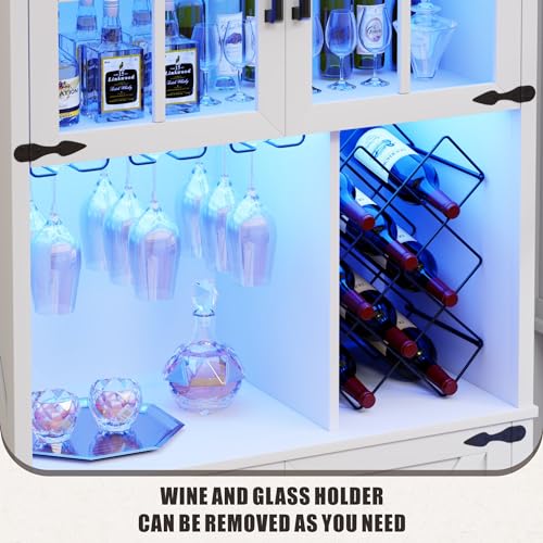 TAGELIER Farmhouse Bar Cabinet with LED Light, 69\'\' Tall Liquor Cabinets for Home with Wine & Glass Holder, Large Kitchen Hutch with Doors and Storage Shelves, Coffee Bar Sideboard Buffet, White