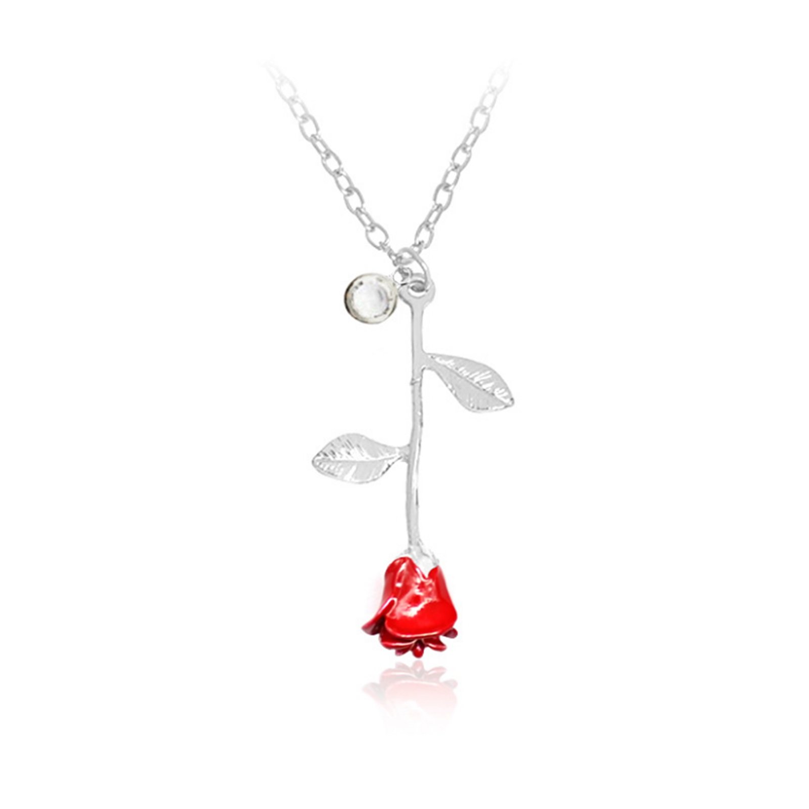 AooazJewellery 3D Red Rose Birthstone for Women, Silver Flower Pendant Necklace with Cubic Zirconia Crystal Gift for Women Girls - April, Cubic Zirconia Zirconia Crystal