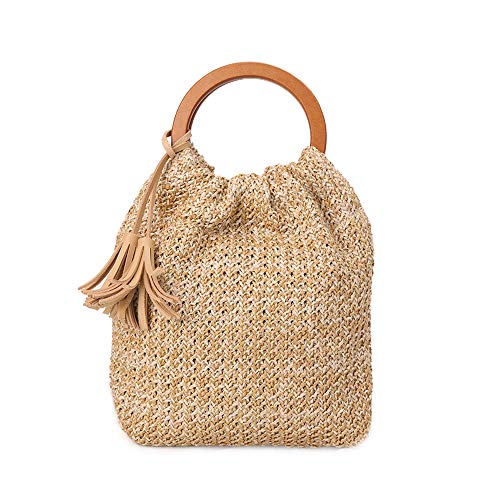 Bolso tote grande de paja tejido con asa redonda de madera miniatura 1