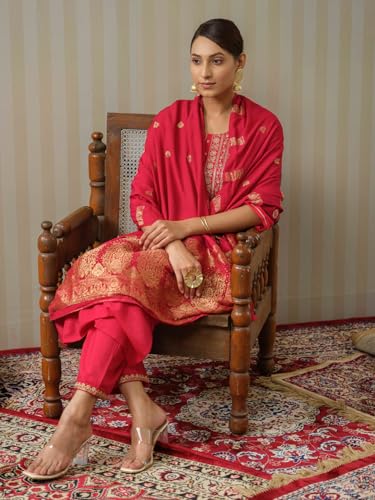 Image of Kaari Women's Embroidered Kurta Set with Pant & Dupatta | Ethnic Kurta Set for Women | Straight Fit | Round Neck | Festive, Wedding, Ceremony