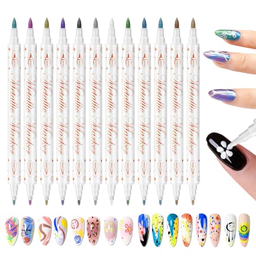 12 Color Nail Art Pens for Painting Nails, Double-ended Nail Polish Pens Drawing Point Liner Acrylic Painted Pen Kit, Waterproof Quick-drying for DIY Nails Art Design Manicure Tools