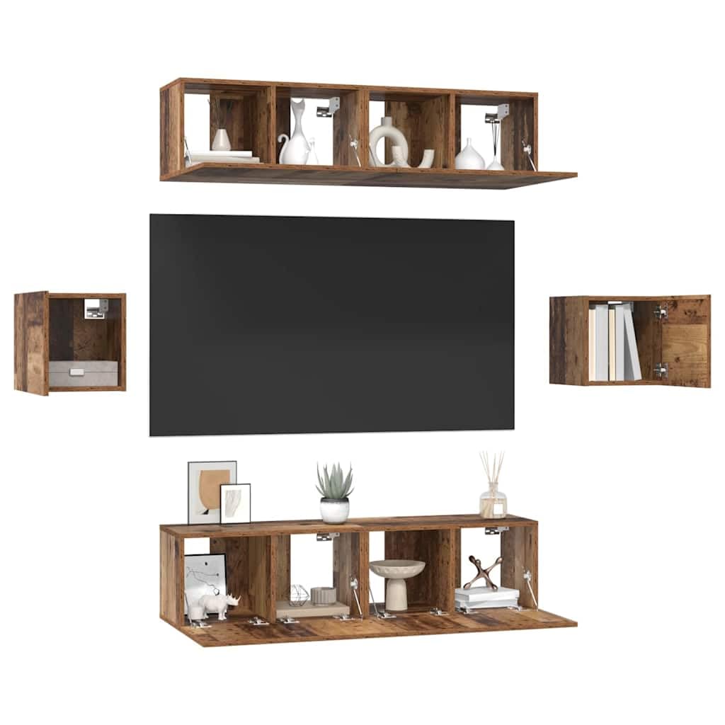 TV-Schrankset Wandmontiert 6-teilig, Altholz Holzwerkstoff, Modernes Media-Center für Wohnzimmer, Robuste TV-Konsole mit Türen und Regalen