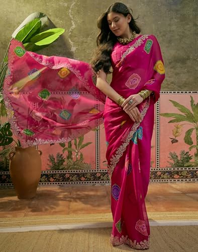 Image of SIRIL Women's Chiffon Scalloped Border Sequins Embroidery Saree with Unstitched Blouse Piece