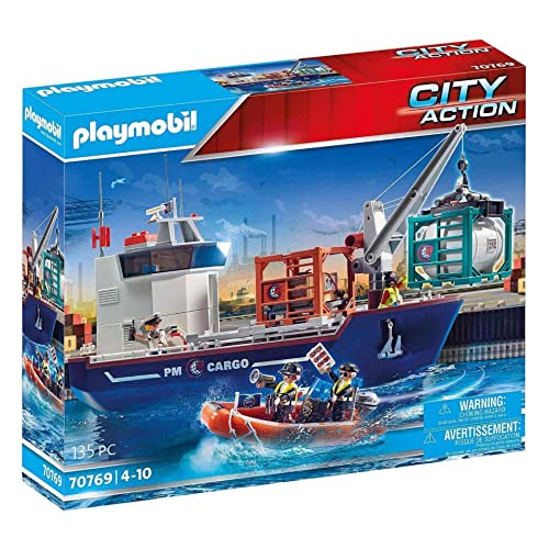PLAYMOBIL City Action 70769 Buque portacontenedores con Barco aduanero,...